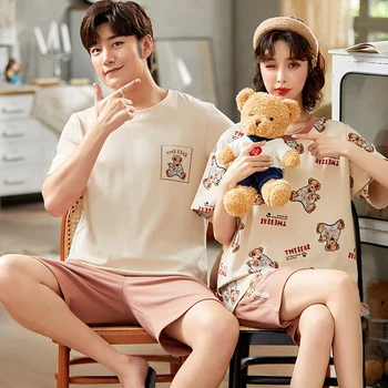 Korea Armas Väike Karu Cartoon Naiste Pidžaama Komplekt Suvel Lühikesed Varrukad Puuvill Pluss Suurus Naiste Ja Meeste Sleewpear Paar Nightwear