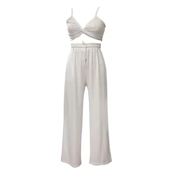 2 Piece Set Summer Women Boho Beach Outfits Solid Sleeveless Crop Camis +wide Leg Long Pants Two Piece Suit Women Outfits Female
