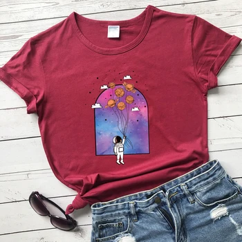 Värvilised Astronaut Koos Planeedi Õhupallid T-särk Esteetiline Hipster Kosmoses Tshirt Trendikas Naiste Lühikesed Varrukad Spaceman Tees Tops