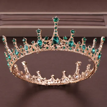 Vintage Barokk Roheline Ring Crystal Kuninganna Kroon Pulm Tiara Pruudi Diadem Kulla Värvi Headpiece Kleit Pulm Juuksed Tarvikud