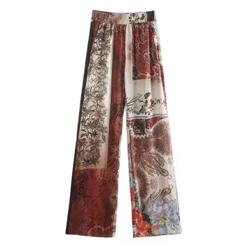 Naiste Za 2021 Mood, Õmblemine Lilled Prindi Püksid Vintage Kõrge Elastne Vöökoht Streetwear Naiste Komplekt Püksid Pantalones Mujer