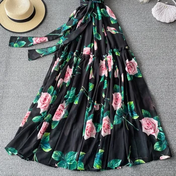 Naiste Vintage Pikk Kleit Vestidos Uus Suvi Ruffles Kõrge Vöökoht Sidemega Kleidid Daamid Elegantne Pool Pikk Rüü