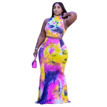 2021 Naiste Mood Tie Dye Printimiseks Kleit Komplektid 2-osaline Komplekt, kõrge kaelusega Varrukateta T-särk+seelik Kleit Set Naiste Vabaaja Streetwear