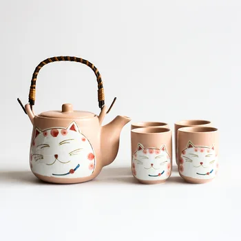 Komplekt Roosa Keraamiline Tee Pot Armas Kass Tee Tassi Vett Tassi Maneki Neko Disain Portselan Veekeetja Teaware Komplekt (4 tassi+1 teekann)