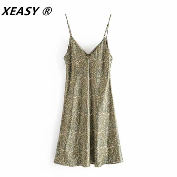 XEASY Naiste 2021 Stiilne Mood Vööri Paisley Print Hubane Mini Kleit Vintage V-Kaeluse Reguleeritavad Rihmad Naiste Kleidid Mujer