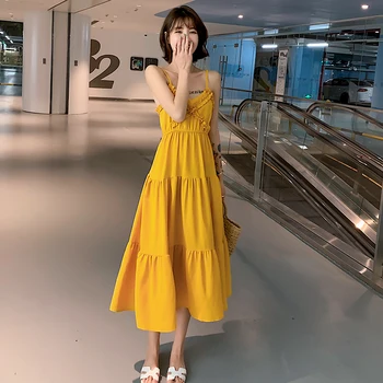 Korea Stiilis Naiste Suvel Ingver Pikk Kleit Elegantne Puhkus Pool Slim Kollane Beach Sundress Naiste Vintage Raja 2021 Kleit