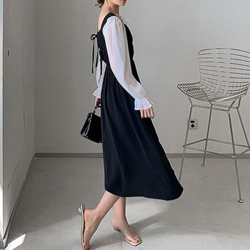 Stiilne Puhvis Varrukad Naiste Kleit Värv Plokk-Line Plisseeritud Midi Kleidid Femme Seksikas Backless Kevad Sügis Office Kleit 2021 Uus