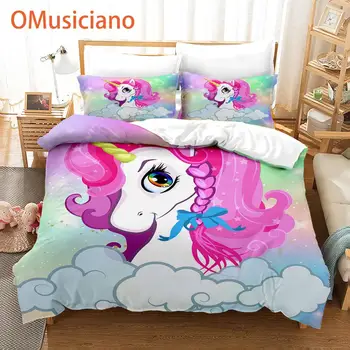 Cartoon armas rainbow unicorn voodipesu komplekt, Tüdruk, tekk, trööstija / tekikott komplekt täielik kuninganna, kuningas, Laste multikas ükssarvik 3pc