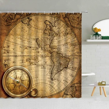 Euroopa Retro Maailma Kaart Dušš Kardin Vintage Meremiili Kompass Vannituba Decor Tarvikud Veekindel Riie Konksud Kardinate Komplekt