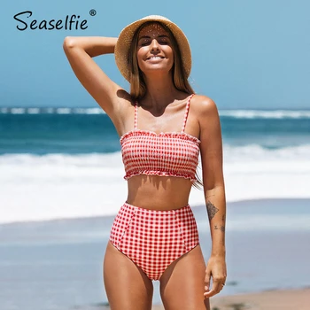 SEASELFIE Seksikas Punane Gingham Smocked Bikinis Set Supelrõivad Naiste Ujumistrikood trikoo 2021 Bandeau Kõrge vöökoht Bikiinid Beachwear