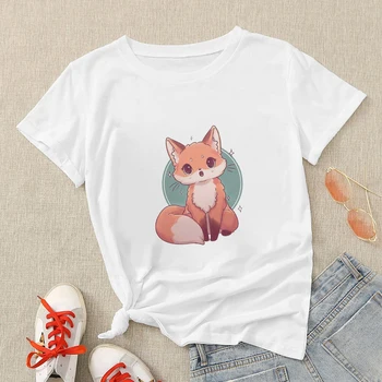 Suvel T-Särk Naiste Uued Tooted Fox Print Kawaii Fashion Style College Tüdruk Naljakas Tshirts 2021 Euroopa Top Esteetiline Riided