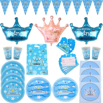 Sinine Prints Crown Poiss, Lapsed, Ühekordsed Nõud Set Plaadid Salvrätikud Toruga Cup Baby Shower Sünnipäeva Kaunistamise Tarvikud
