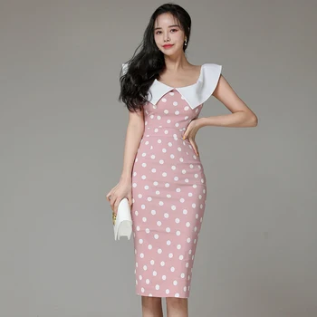 Suvel Uue Ametliku Kleit Elegantne Roosa Dot Trükitud V-kaeluse Slim Pilu, Pencil Dress Äri Tee 2021