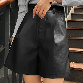 Sügis-Talvine Naiste Sirge PU lühikesed Püksid Kõrge Vöökoht Viis Punkti Nahast Püksid Daamid Must Lai Jalg lühikesed Püksid Pluss Suurus 2XL AB2123