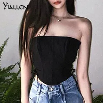 Yiallen Seksikas Klubi Olkaimeton Pool Õõnes Välja Lace Up Bodycon Crop Top Naiste Mood Varrukateta Kõhn Puhas Streetwear Camisole
