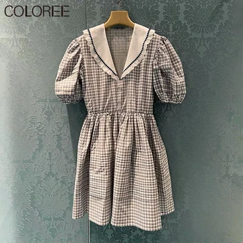 Vintage Tikandid Krae, Lühike Varrukas Sinine Ruuduline Kleidid Naistele 2021 Vabaaja Elegantne Draped-line Mini Kleit Naine