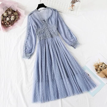 Polka Dot Print Naiste Kleit 2-osaline komplekt 2020. aasta Kevad-Suvel Vintage Pikad varrukad Pool Kleit Armas Pits Silma Kleidid Vestidos