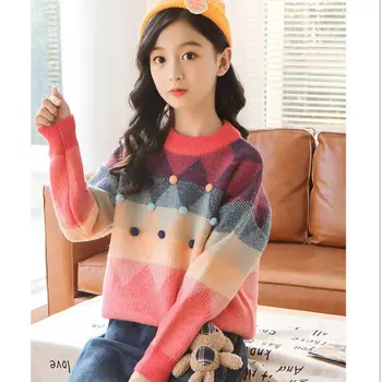 Tüdrukud 2021 Sügis-Talve Uus Suur Laste Pullover Kampsun Korea Versiooni Värvi Sobitamise Silmkoelised Läbilöök Särk Tiheneb