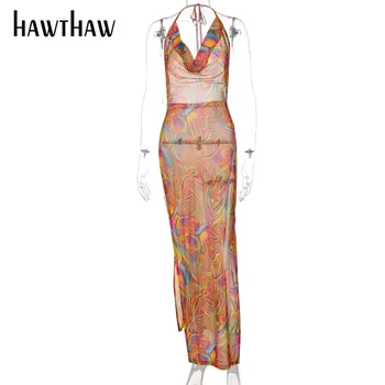 Hawthaw Naiste Suvel Backless V Kaela Silmadega Näha Läbi Bodycon Trükitud Pikk Kleit Sundress 2021 Naiste Riided Streetwear