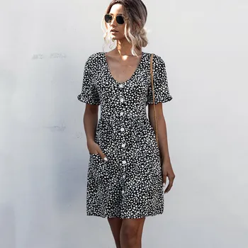 Naiste Lühikesed Varrukad Polka Dot Trükitud Nööpidega Tasku Kleit Naiste Mood V Kaelus-Line Pocket Mini Kleit Vestido 2021 Suve