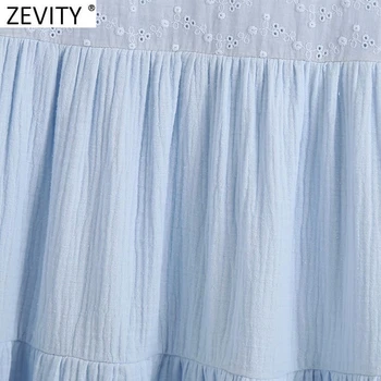 Zevity Naiste Mood O Kaela Õõnes Välja Tikandid Segast Mini Kleit Stiilne Naiste Laterna Ümbris Casual Pleats Vestidos DS8569