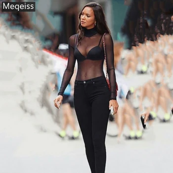 2020. aasta Uus Partei Clubwear Naiste O-kaeluse Must Slim Kõhn Keha Sobiks Kombekas Seksikas Silma Läbipaistvad Pikad Varrukad Pingeline Bodysuits