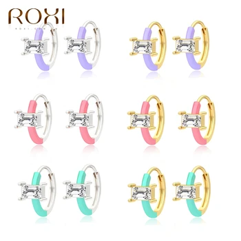 ROXI Emailiga Ring Hoop Kõrvarõngad on Naiste-Tüdrukute Roosa Roheline Lilla Ristkülik Kristallid, Ehted Kõrvarõngad Huggie 925 Sterling Silver