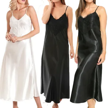 2021 Kevadel Tahke Värv Satiin Nightgowns Pahkluu Pikkus Pika Naiste Sexy Sleepwear Satiin Kleit Nightwear Kaua Kodus Nightdress