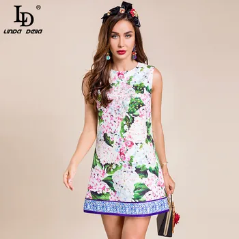 LD LINDA DELLA 2021 Moe Raja Suvel Vintage Flower Print Tank Lühike Kleit Naiste Profileerimine varrukateta Elegantne Pool Kleit