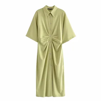 Naine Nupp-Up Midi Kleit Suvel Tahke Vintage-Särk, Kleit, Elegantne Naiste Lühikesed Varrukad Pikk Kleit Juhuslik Vestido De Mujer