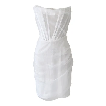 TWOTWINSTYLE Elegantne Valge Kleit Naistele Slash Kaela Varrukateta Kõrge Vöökoht Ruched Mini Kleidid Naiste Suve Mood Stiilis 2021