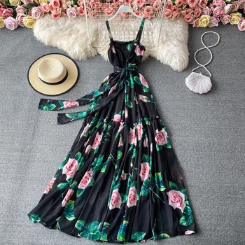 Naiste Vintage Pikk Kleit Vestidos Uus Suvi Ruffles Kõrge Vöökoht Sidemega Kleidid Daamid Elegantne Pool Pikk Rüü