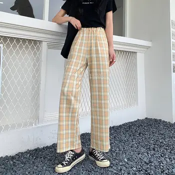 Ruuduline Naiste Püksid Harajuku Vintage Sirge Lai Jalg Püksid Liiga Kõrge Vöökoht Ruuduline Korea Stiilis Kevad-Suvi