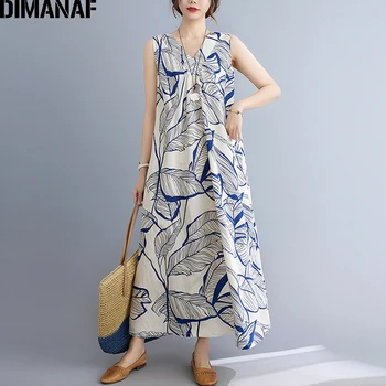 DIMANAF 2021 Mõõdus Suvine Kleit Beach Sundress Õie Printida Naiste Vestidos Elegantne Daam Pikk Kleit Juhuslik Varrukateta M-2XL