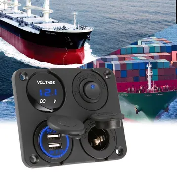 Dual USB-Pordid autolaadija + LED Voltmeeter + 12-24V Pistikupesa + on-Off Lüliti 4 in 1 Auto Marine Boat LED Lüliti Paneel