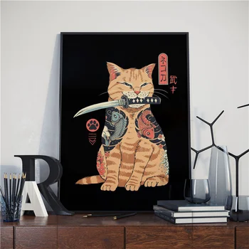 Jaapani Samurai Kass Ramen Nostalgia Lõuend Maalid Multikas Loomade Plakatid ja Pildid Seina Art Pilte, Kodu Kaunistamine