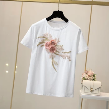 Streetwear Vabaaja 2-osaline komplekt, Naiste Roosa Lill Appliques Valge Tshirt + Kõrge vöökoht Tutt 3D Lille Tikandid Denim lühikesed Püksid Komplekt