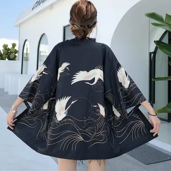 Lahti Harajuku Jaapani Mood Kimono Yukata 2020 Valge Must Kraana Prindi Naiste Kampsun, Pluus Beach Haori Obi-Aasia Riided