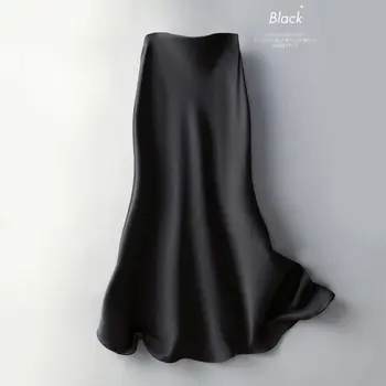 Suvel Silk Midi Seelikud Naiste Korea Stiilis Satiin Office Lady Lihtne, Elegantne Faldas Mujer Moda Lahtised Pikad Mustad Seelikud Naistele