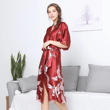 2021 Kevad Sügis Naiste Siidist Pidžaama Komplekti Kraana Prindi Pijama Sleepwear Satiin Pidžaamad Sleepwear Rüü Hommikumantel Emane