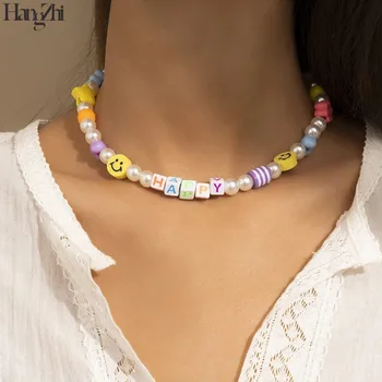 HangZhi 2021 Uus Romantiline Värviline Kiri Smiley Star Pärlite Beaded Clavicle Kaelakeed Naistele Tüdrukute Ehted