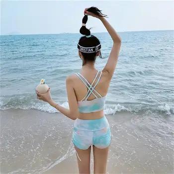 Naiste 3-Tükki Tie-Dye Beachwear Bikiinid Komplekti Päikesekaitsetoodete Pikad Varrukad Ujumistrikoo Ujumiseks Korea Versiooni Bikini Supelpüksid Pluus