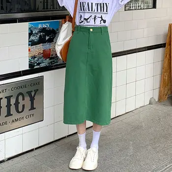 HOUZHOU Vintage Roheline Denim Seelik Naised Tagasi Pilu-line Pikk Seelik Kõrge Vöökoht Suvel Elegantne korea Fashion Harajuku Streetwear