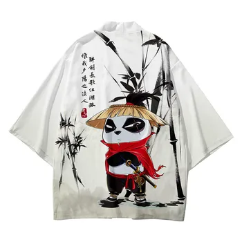 Samurai Panda Print Kimono Jakk Meeste Jaapani Traditsiooniline Vabaaja Lahti Õhuke Komplekt Mantel ja Püksid-Aasia Riided Harajuku
