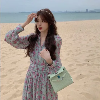 Pikad Varrukad Vingate Lilleline Naiste Kleit Disain Elegantne Vabaaja Midi Kleit Naine Beach Ühes Tükis Kleit Korea 2021 Summer Šikk