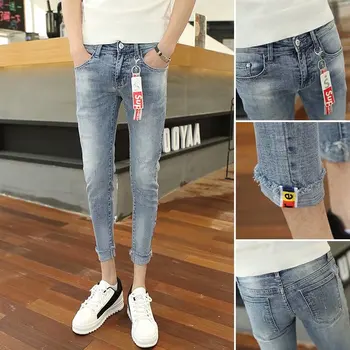 Denim Jeans meeste 2021 kevad-sügis Õhuke jalad korea elastne ripitud auk vabaaja trendikas teismelised kärbitud pliiats püksid