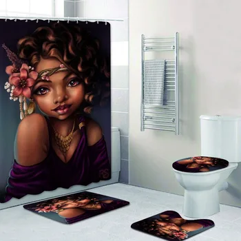4TK Vannitoa Komplekt Dušš Kardin Aafrika Ameerika Tüdruk Dušš Kardin Vann Vaipa Set Wc Kaas Vann Matt Afro Kunsti Decor