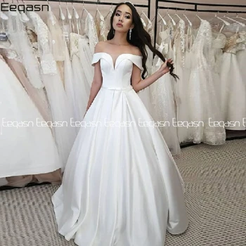 Valge Custom Made Naine Pulm Kleidid 2021 Lihtne, Elegantne Pikk-line Pruudi Satiin Kleit Vestidos De Novia Gelinlik