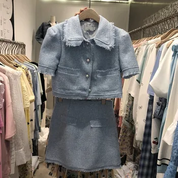Väike Lõhnaaine Prantsuse Streetwear Tweed 2-Osaline Komplekt, Naiste Crop Top Jope Mantel + Seelik Sobib Korea Seelik Seatud Kaks Tööd Varustus