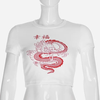 Casual Dragon Prindi O-Kaeluse Lühike Varrukas, Slim T-Särk Naiste 2020. Aasta Suvel Streetwear Korea Elastne Põhiliste Põllukultuuride Tops Femme